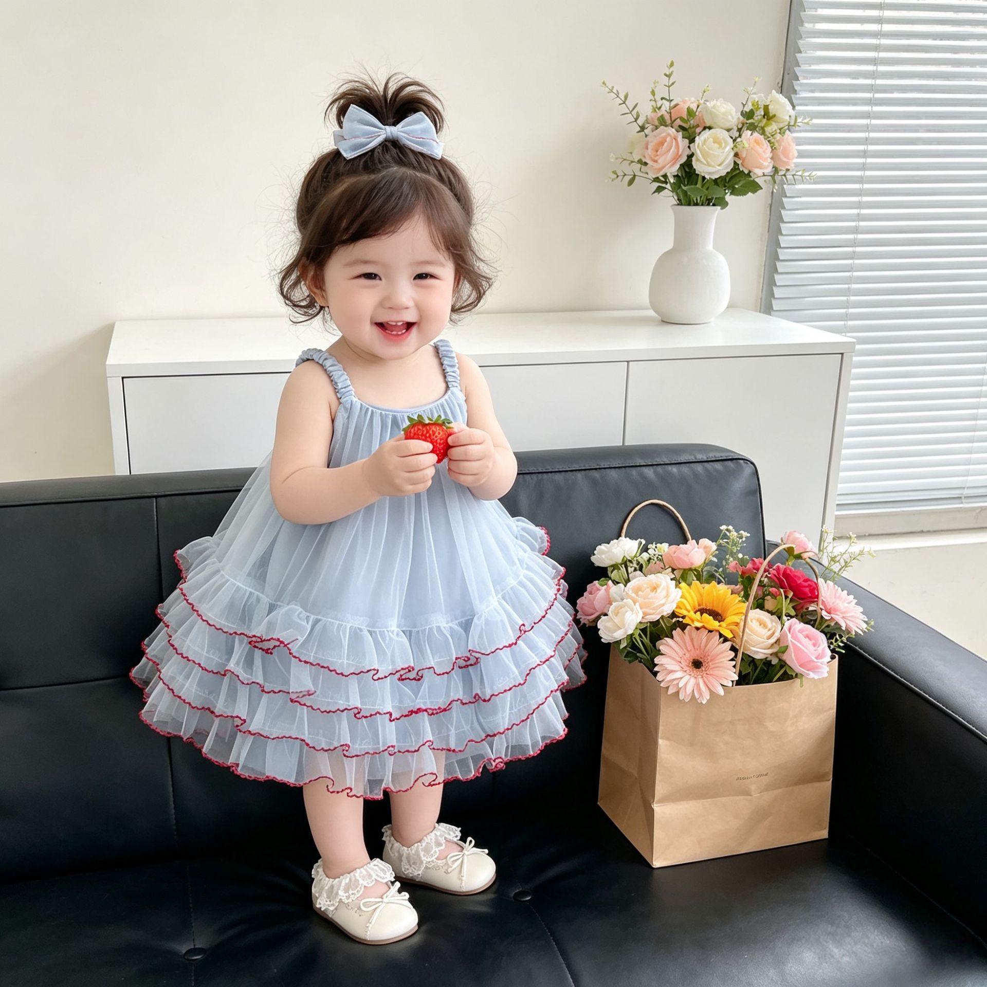 Girls Summer Tulle Strap Puff Dress Princess Party Outfit 73