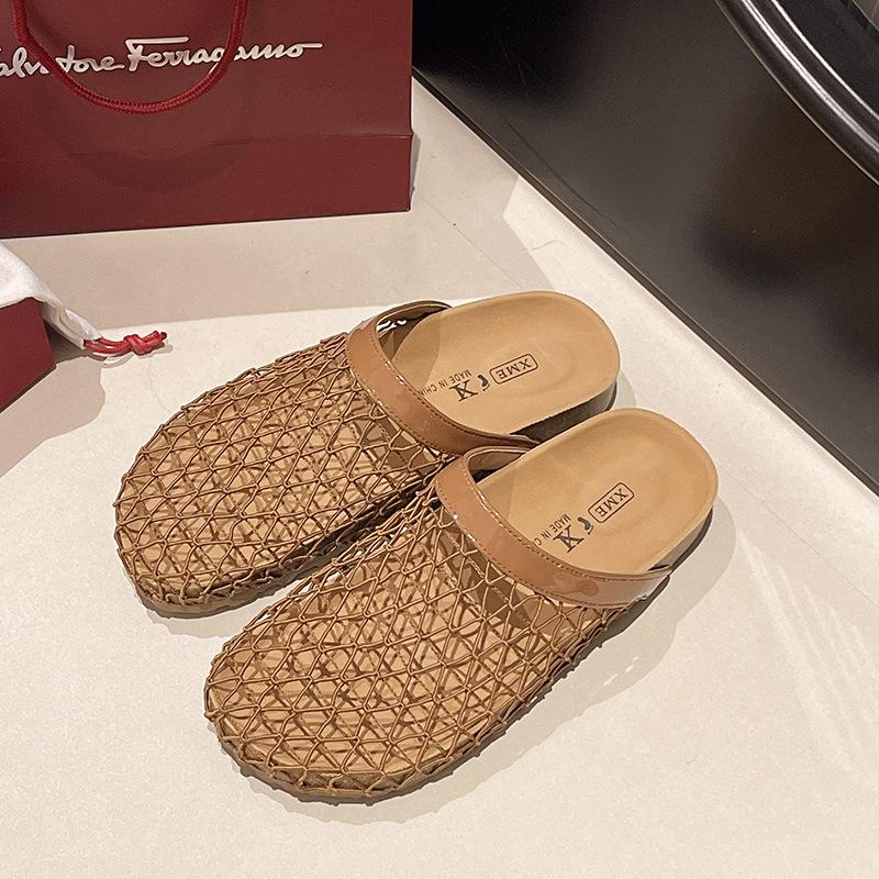 Mesh woven bag head half slippers women's summer wear 2025 new French skirt cool slippers Roman sandals women