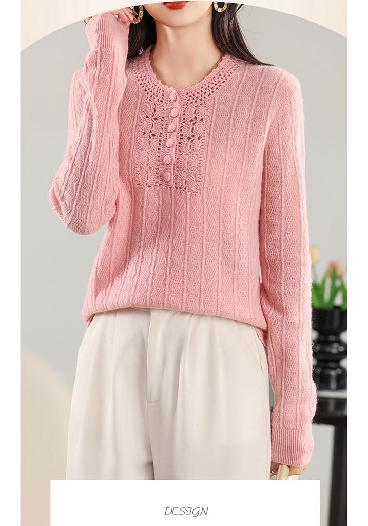2024 Autumn/Winter Women's Wool Half-Zip Round Neck Jacquard Knit Hollow Loose Sweater