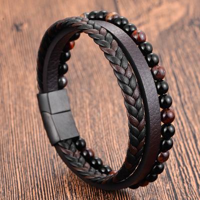 Zwart Leren Touw Koeienhuid Mannen Dubbele Laag Natuursteen Geweven Armband Handgemaakte Meerlaagse Leren Armband 2026