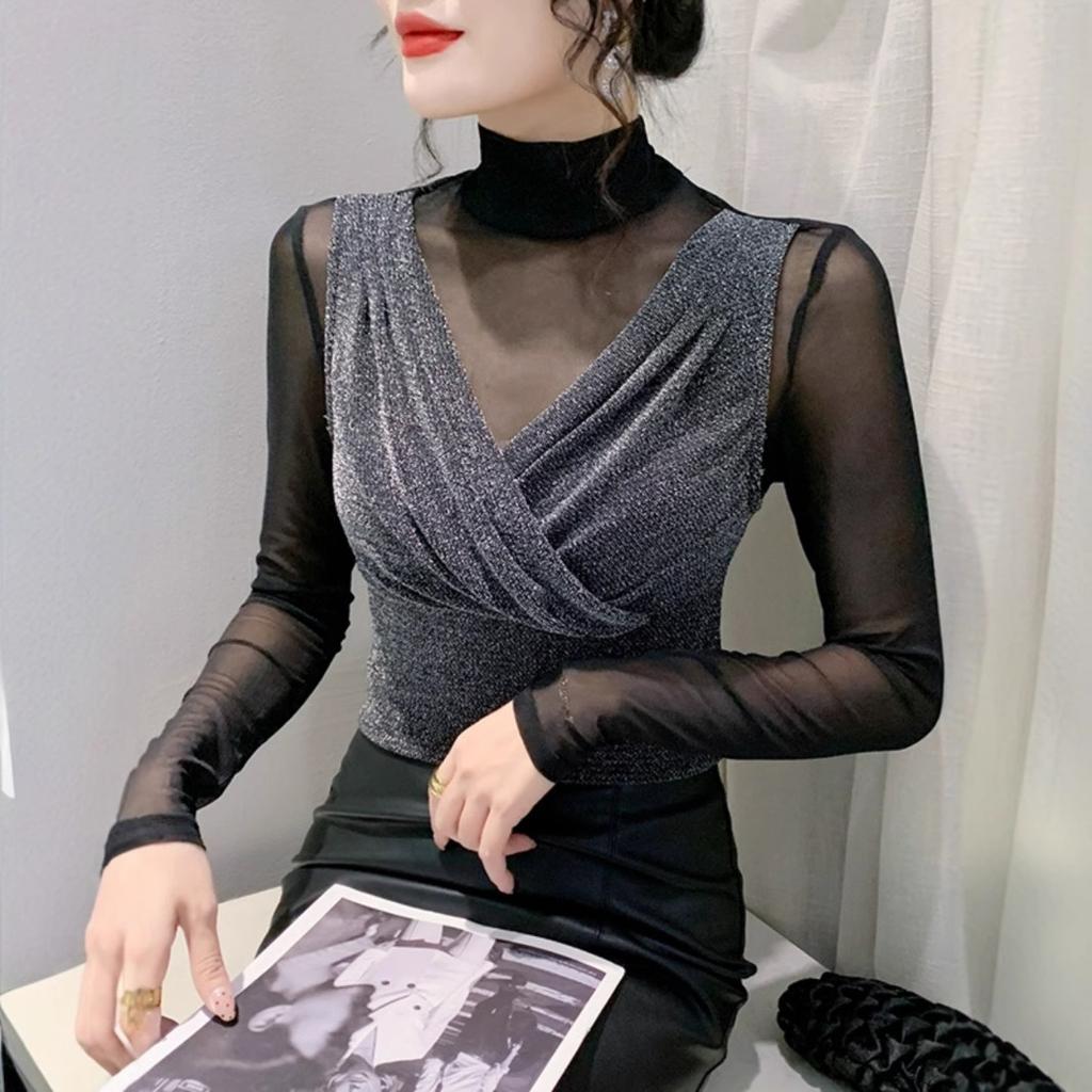 Two-piece Tops for Women In Winter Fashionable T-shirt with Slim Half Turtleneck Mesh Base Shirt
