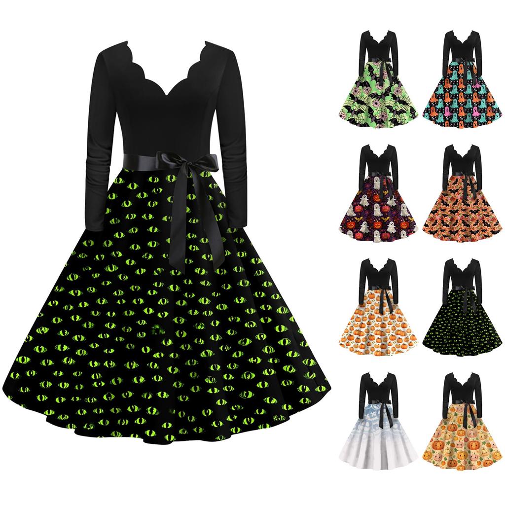 Women's Casual Fashion Long Sleeve  Halloween Graphic Printed Vintage Long Dresses