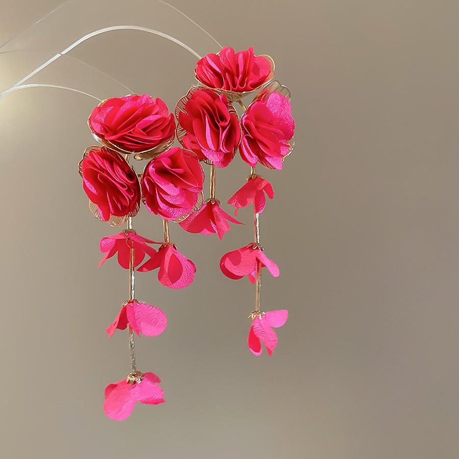 Silver Needle Chiffon Flower Tassel Earrings, Sweet Mori Style, Dopamine Trend, Versatile Women’s Earrings