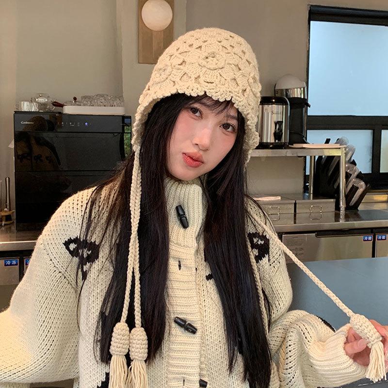 Autumn and Winter Crochet Hat Women's Double-layer Knitted Hat Fringed Pullover Hat Travel Versatile Wool Hat