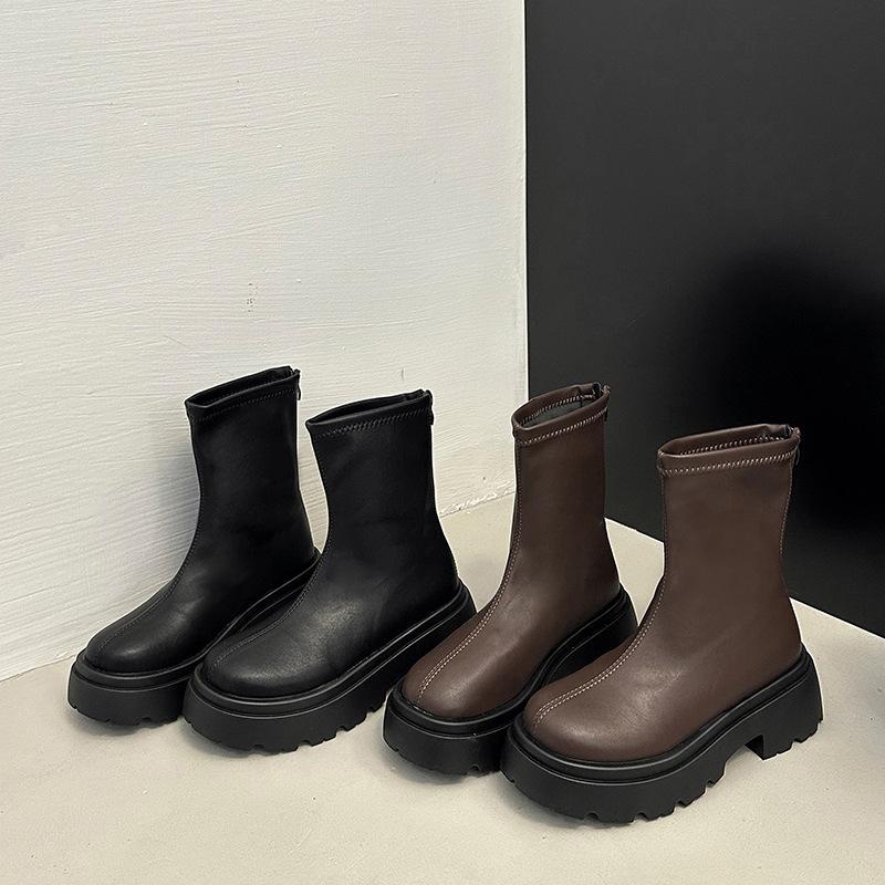 Black Retro British Style Thick Heel Thick-soled Martin Boots Women's 2025 New Autumn and Winter Heightening Short Thin Boots