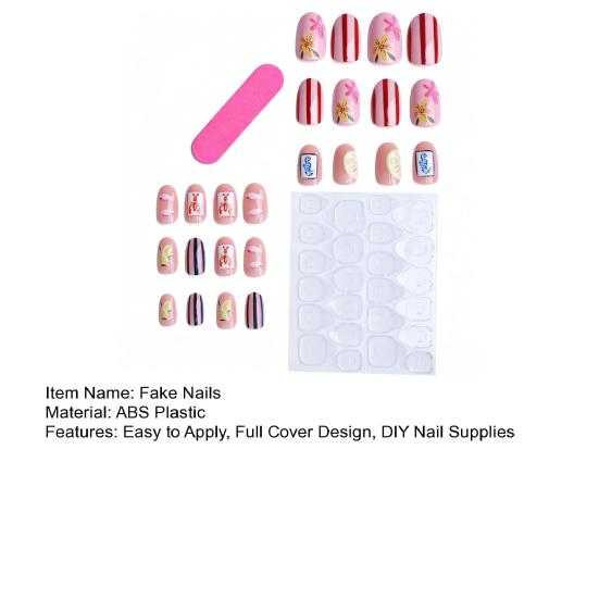1 Set Summer Ocean Press Lemon Fish Lobster on Nails Flower Seahorse Striped Almond Stick-on Fake