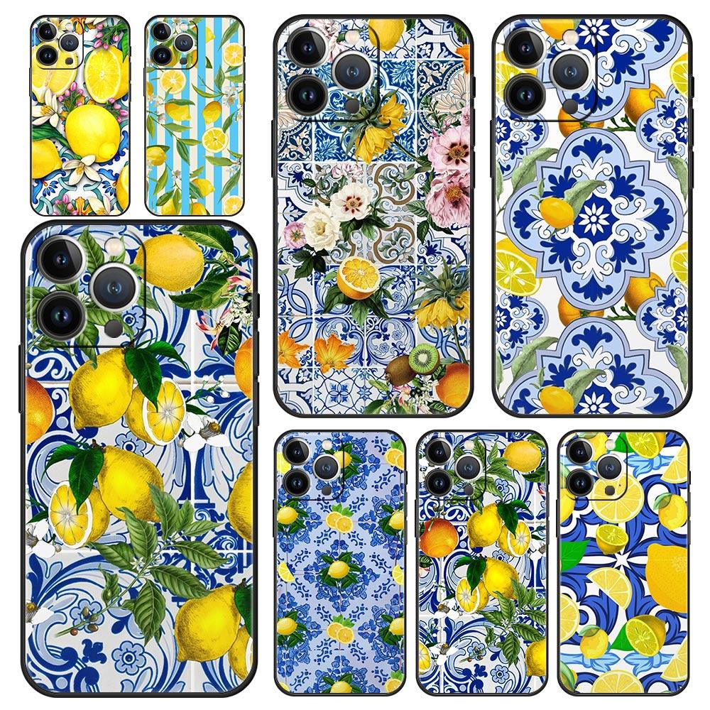 

Mediterranean Lemon Luxury Phone Case For iPhone 13 15 14 12 11 Pro MAX XR X SE XS 7 8 Plus Silicone Black Protection Cover