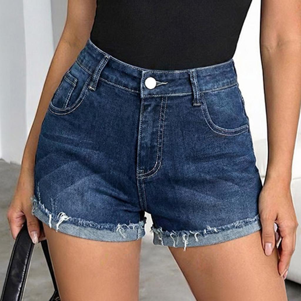 High Waist Denim Shorts for Women Casual Hem Rolled Cuff Five Pocket Stretchy Jean Shorts Summer Bottoms