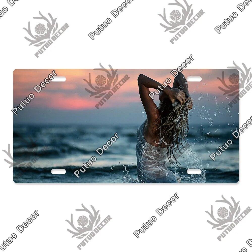 Putuo Decor Beach Licenses Plate Vintage Tin Sign Plaque Metal Car Plate for Living Room Door House Home Wall Art Decor