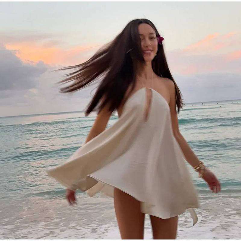 Ladies Sexy Deep V-neck Halter Suspender Dress Loose A-line Dress Skirt Party Dinner