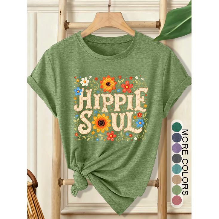 Women's Elegant Style Plus Size Loose Short Sleeve Hippie Soul Hippie Floral Print Pattern Round Neck Women's Comfortable Soft Breathable New Spring