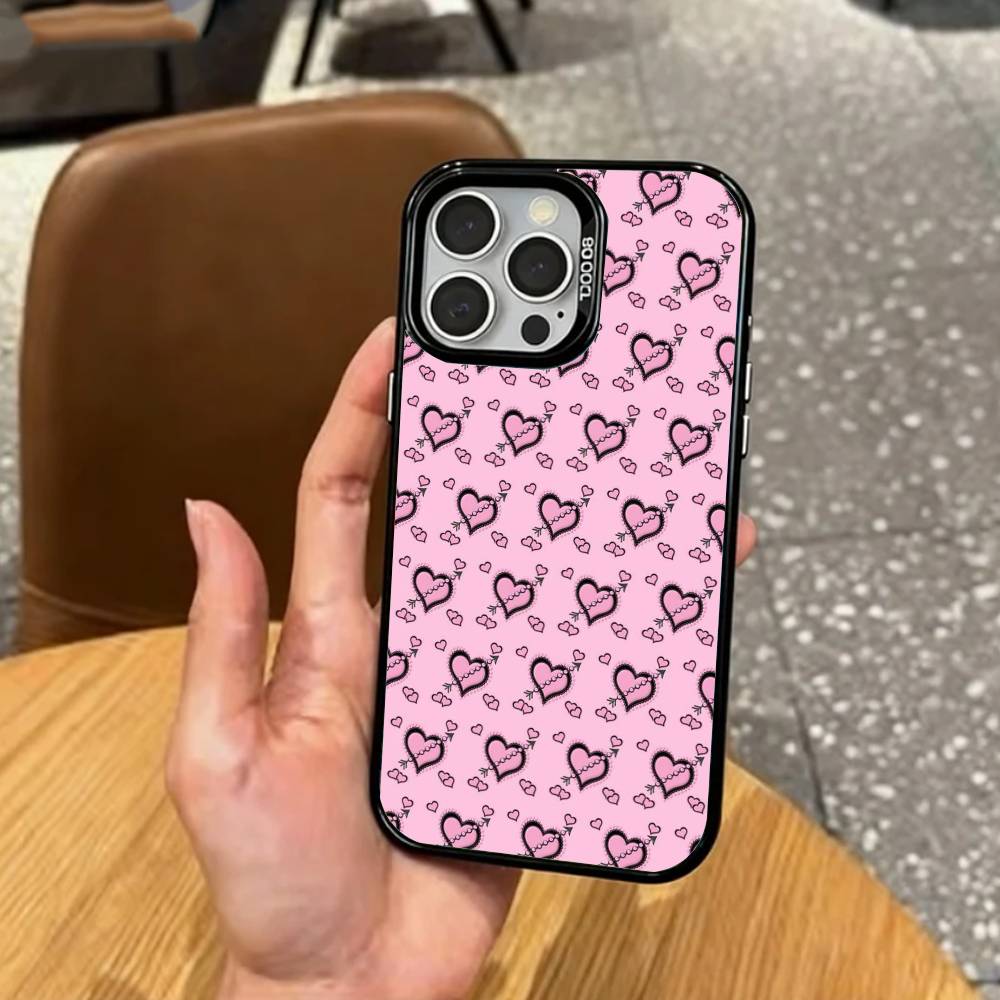 C-Cute P-Pink Love Heart   Phone Case For iPhone17,16,15,14,13,12,11 Plus,Pro Max Colored Silver Plated Inside Cover
