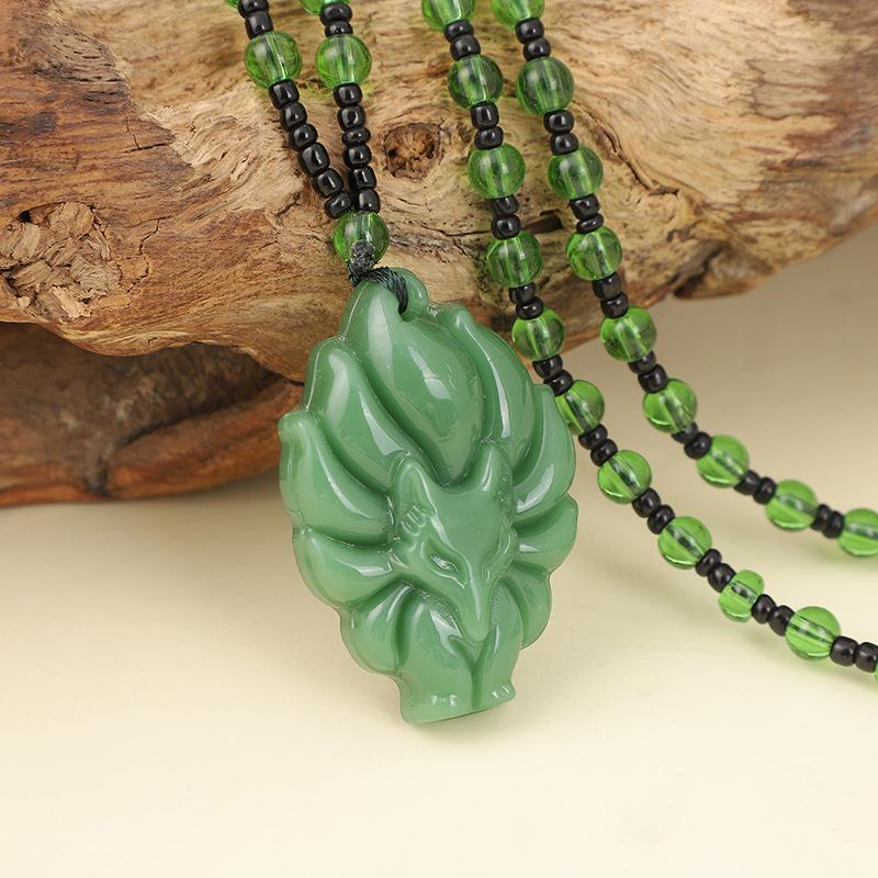 

Ожерелье с подвеской в виде лисы, китайский амулет, ожерелье с девятихвостой лисой, универсальная мужская и женская длинная цепочка для свитера, ювелирное изделие темно-зеленого