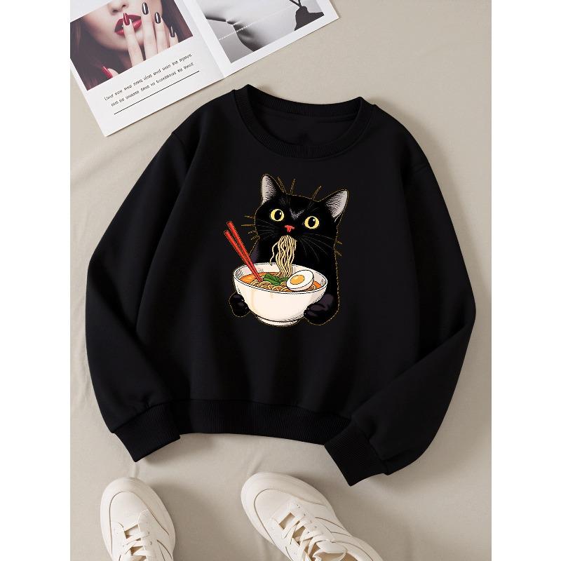 Kids Sweatshirts, Girls' Sweatshirts, Girls' Autumn Winter Fashion Cat Eating Ramen Noodles Print Print Long Sleeve Round Neck Sweatshirt