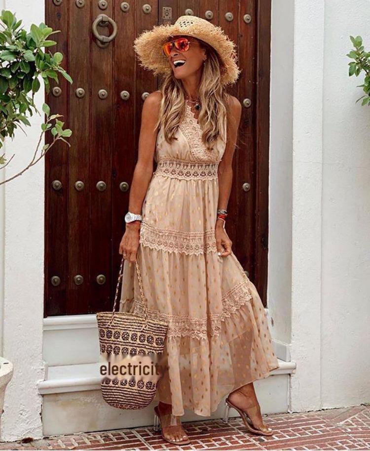 Women's Summer Chiffon Midi Dress Deep V Neck Sleeveless