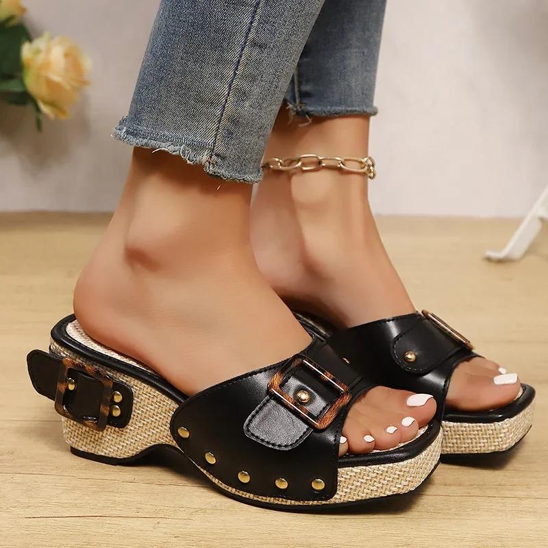 Mode Damen Hausschuhe Sommer Wedges Plateau Sandalen Mode Eckiger Zeh Hochhackige Sandalen für Damen Lässige Hausschuhe Sandalias Mujer