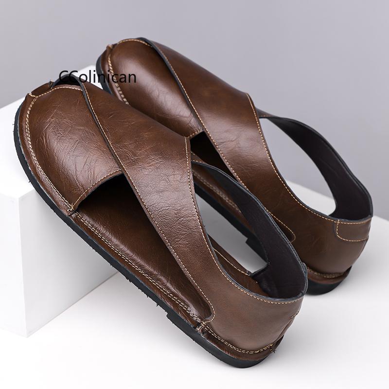Genuine Leather Handmade Men Flat Bottom Casual Sandals Summer New Style Soft Bottom Anti-Slip Business Shoes Breathable