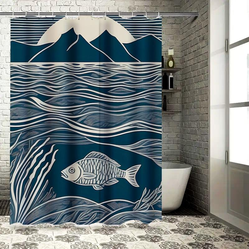 Modern Artistic Blue and White Fish and Mountain Pattern Waterproof Shower Curtain for Stylish Bathroom Decor, Easy Instal