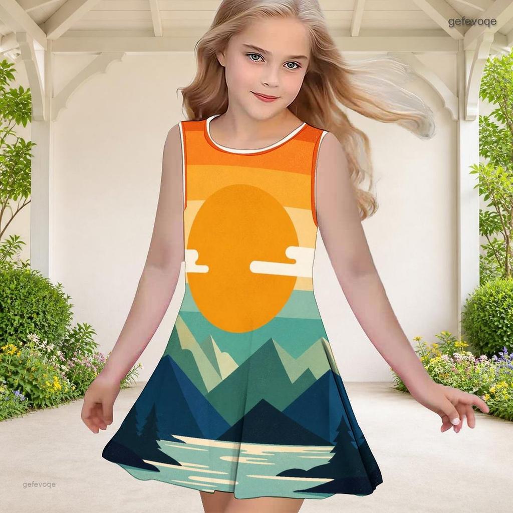 Girls Round Neck Sleeveless A Line Flared Hem Printed Gradient Dress