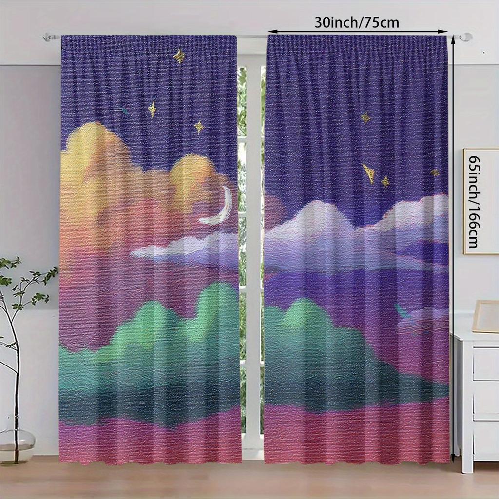 Set Of 2 Polyester Material Night Sky Star Moon Pattern Print Curtains Suitable Bedroom Living Room Sheer Made Sitting Window Treatment