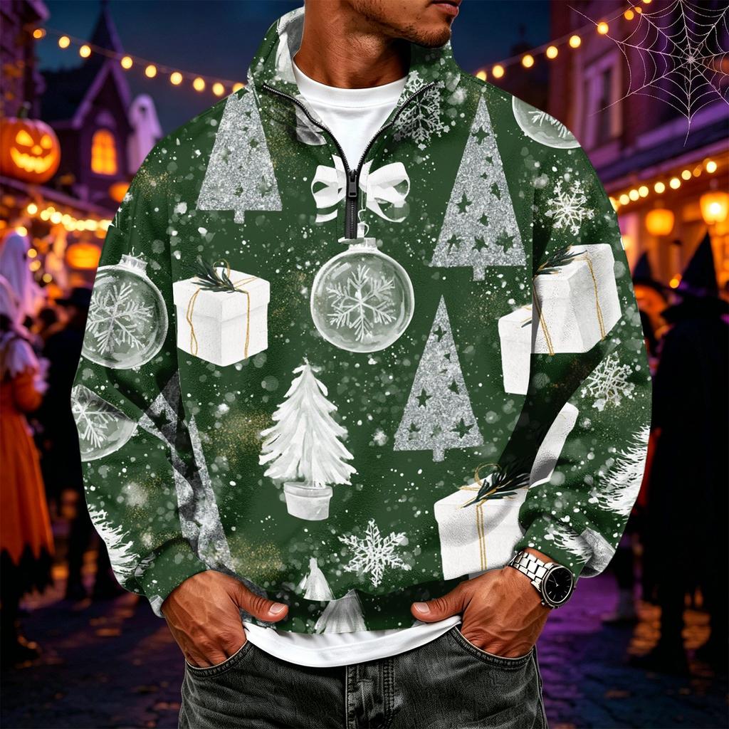 Men's Casual Flannel Quarter-Zip Long Sleeve Sweatshirt with Christmas Print