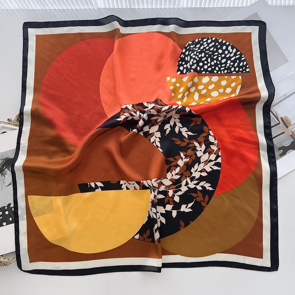 Color Block Round Simulation Silk Silk Scarf Daily Going Out Leisure Chinese Square Scarf Spring And Summer Versatile Decorative Foreign Style Scarf