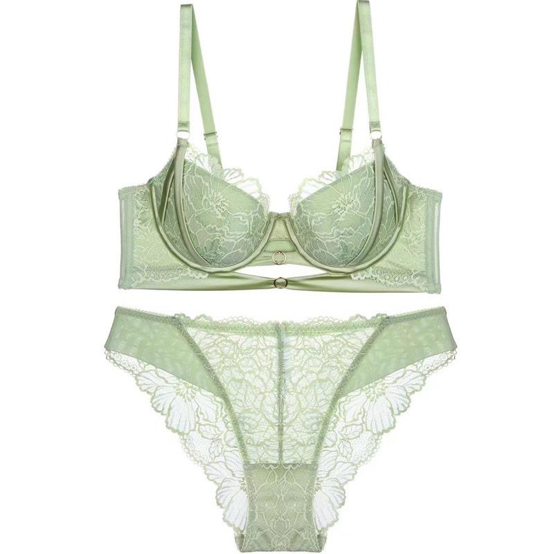 

Европейский и американский женский комплект сексуального нижнего белья, комплект кружевного нижнего белья, комплект с тонкими чашками и минимайзером, бюстгальтер и трусики 90D зелёный