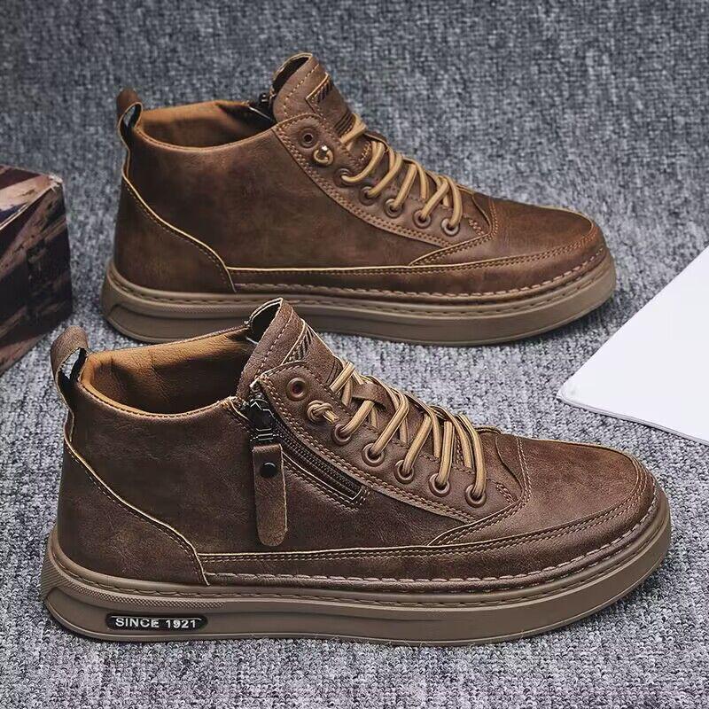 Men's High Top Casual Black Martin Boots for Spring and Autumn - Trendy All-Match Sports and Work Shoes.