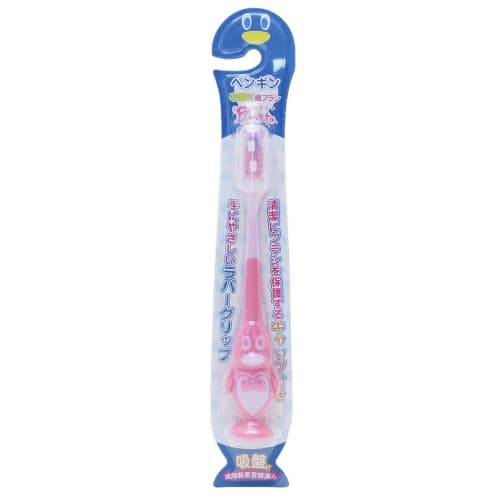Pitatto Penguin Toothbrush with Suction Cup and Cap, Light Pink, 1 Toothbrush