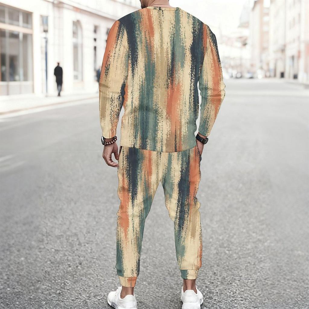 Men Plus Size Geometric Printed Casual Two Piece Set Round Neck Long Sleeve Top Cuffed Pants