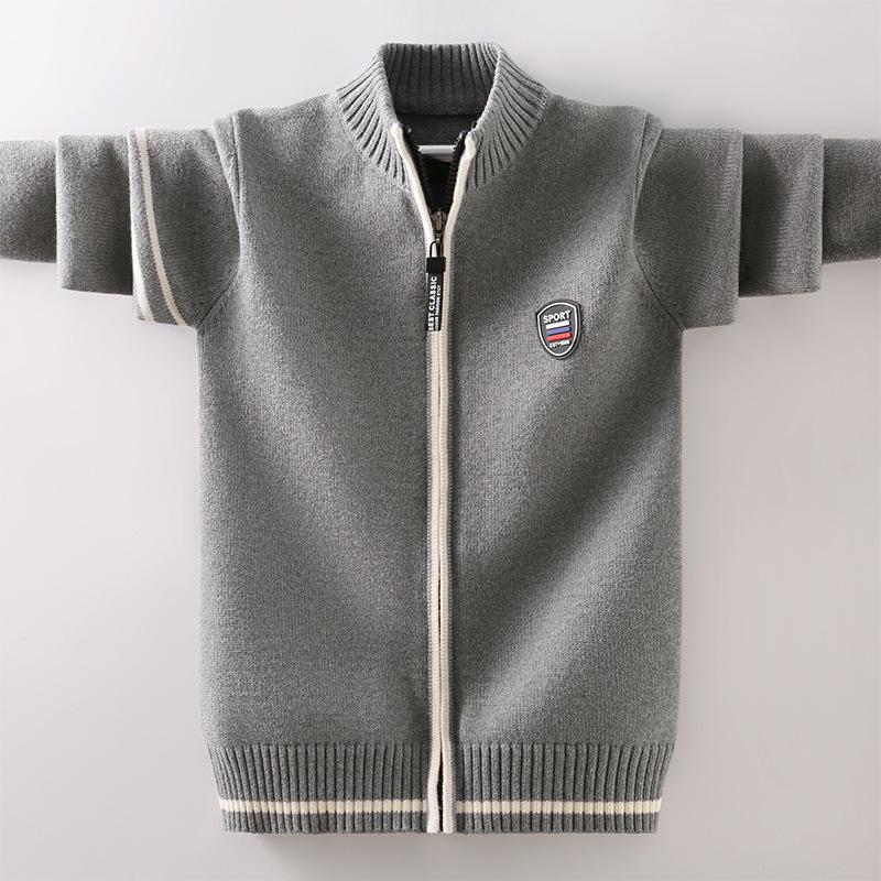 Boys' & Girls' Zip-Up Baseball Jacket, Fleece-Lined Knitted Cardigan for Kids, Spring/Autumn Style