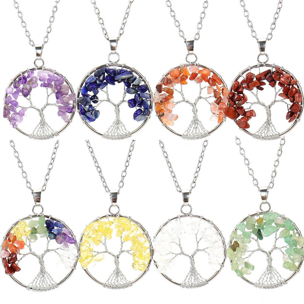 Silver Hand-Wound Colorful Crystal Gravel Tree Root Tree Of Life Pendant Necklace N112