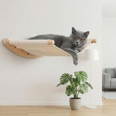 Wooden Cat Climbing Shelf Wear Resistant with Cushion Wall Mounted Cat Hammock Space Saving Sisal Rope Cat Stairs Playing