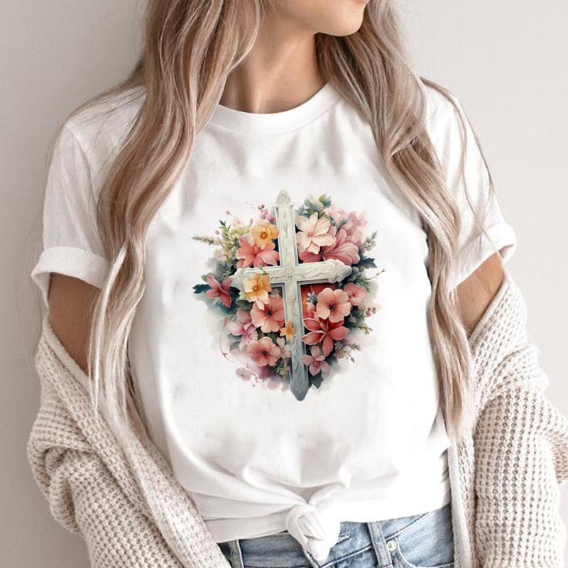 (Asian Size) sweet trend cute 90s style faith Print Short Sleeve T-shirts Casual Women's Top T Clothing O-neck Fashion Female Graphic Tee