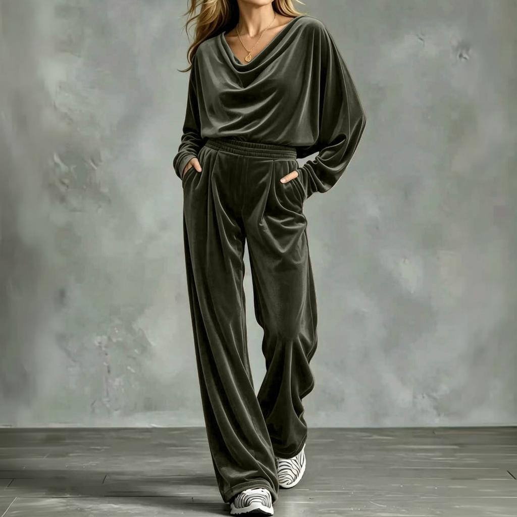 Women's Casual Loose Fit Long Sleeve Top and High Waist Pants Two Piece Set for Everyday Wear