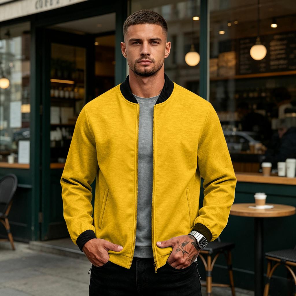 Men's Color Zip Up Baseball Jacket with Stand Collar