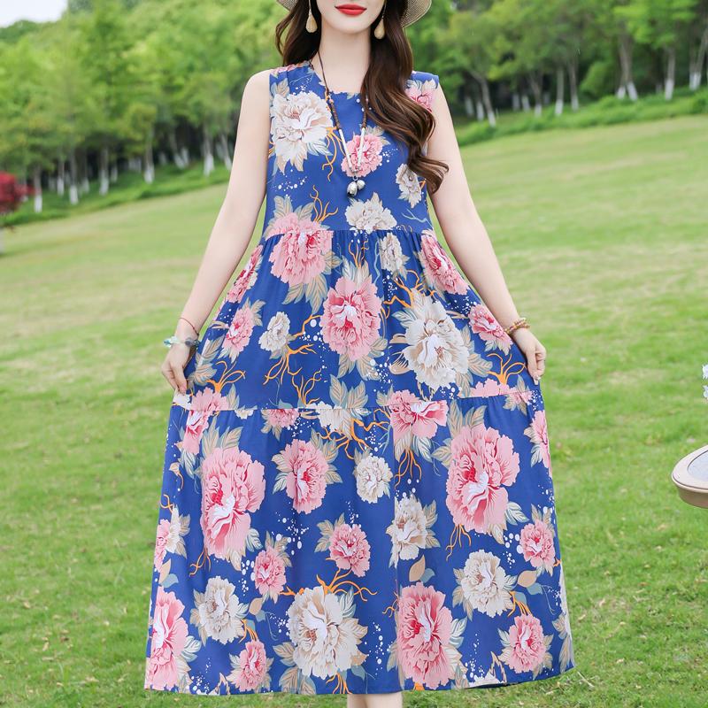 Elegant Sleeveless Dress for Women Plus Size Short Sleeve Vintage Print Long Dress Summer Casual Middle-aged Women's Clothing