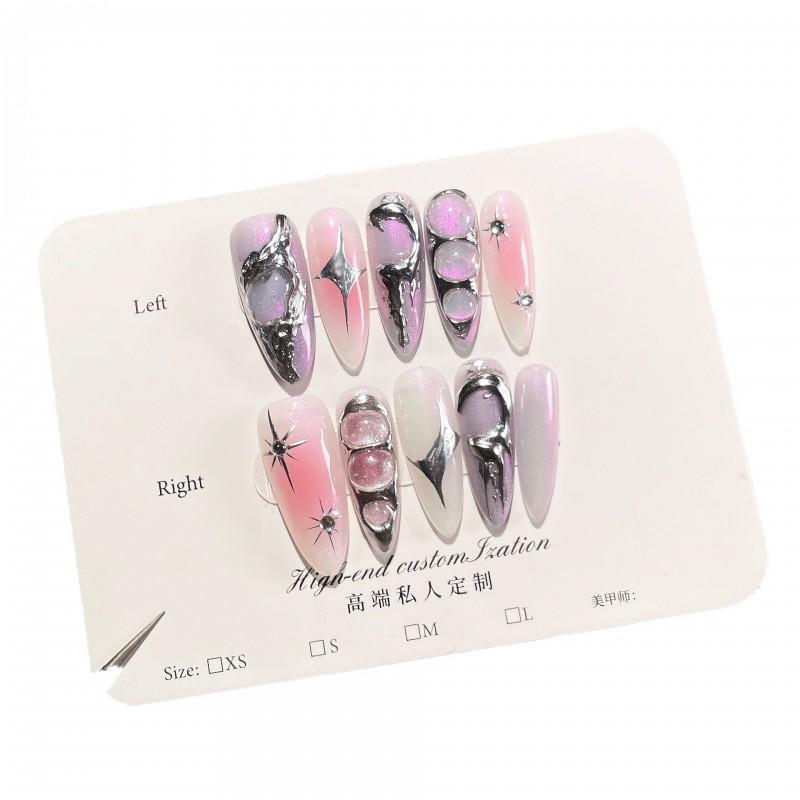 Handmade Press-On Nails With 3D Embossed Design Glitter Chrome Finish Women Stylish Edgy Sweet Cool Nail Art Tips
