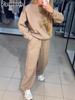 Autumn/Winter Women's Casual Long Sleeve Crew Neck Sweatshirt and Leggings Set with Rhinestones