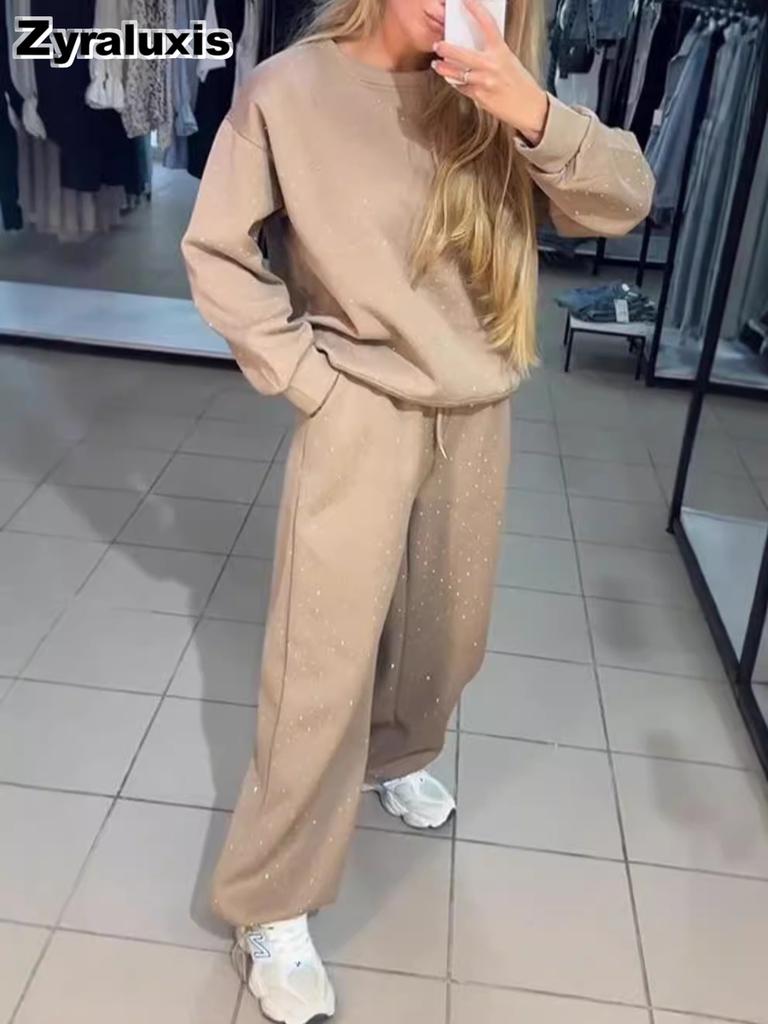 Autumn/Winter Women's Casual Long Sleeve Crew Neck Sweatshirt and Leggings Set with Rhinestones