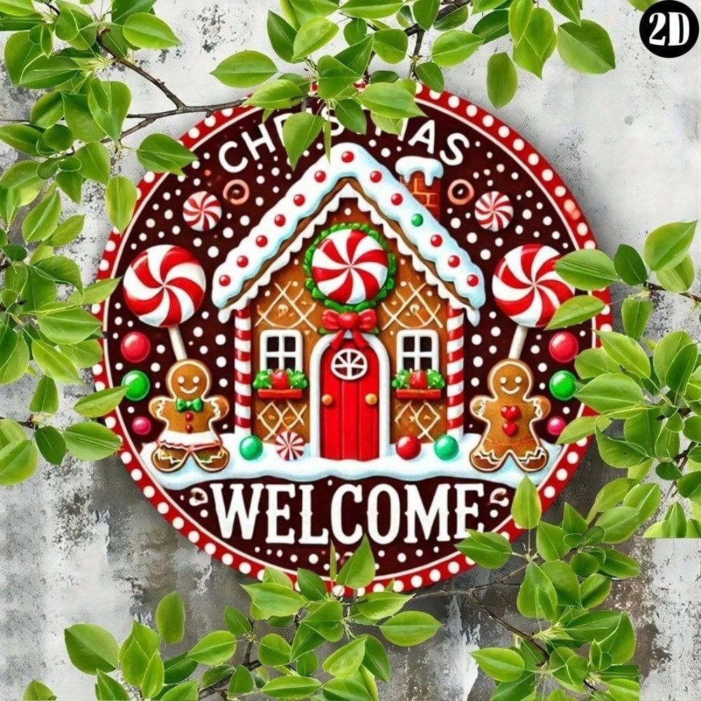 Festive Gingerbread House Metal Wall Sign Christmas Welcome Door Decor Red White Holiday Home