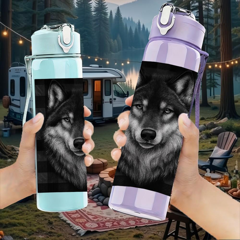 1PC Dark Wolf Head Realistic 750ml Color Plastic Sports Water Bottle Leakproof Flip Straw Lid Suitable for Sports Office Home Use