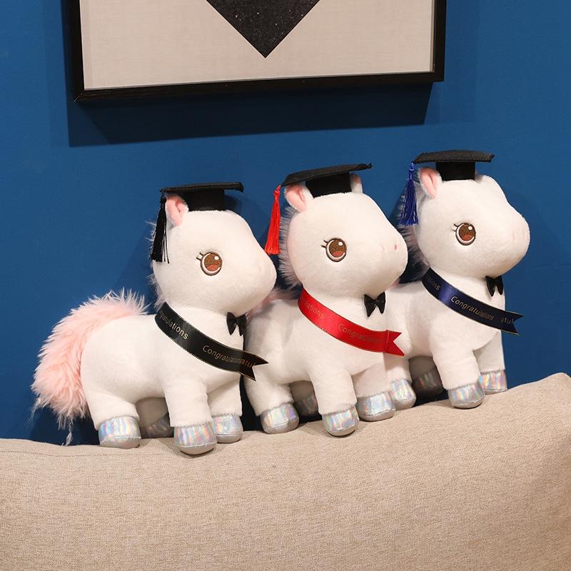 28Cm Cartoon Graduation Horse Plush Doll Brown White Doctor Cap Horse Animal Stuffed Toy Home Decor Gift For Children