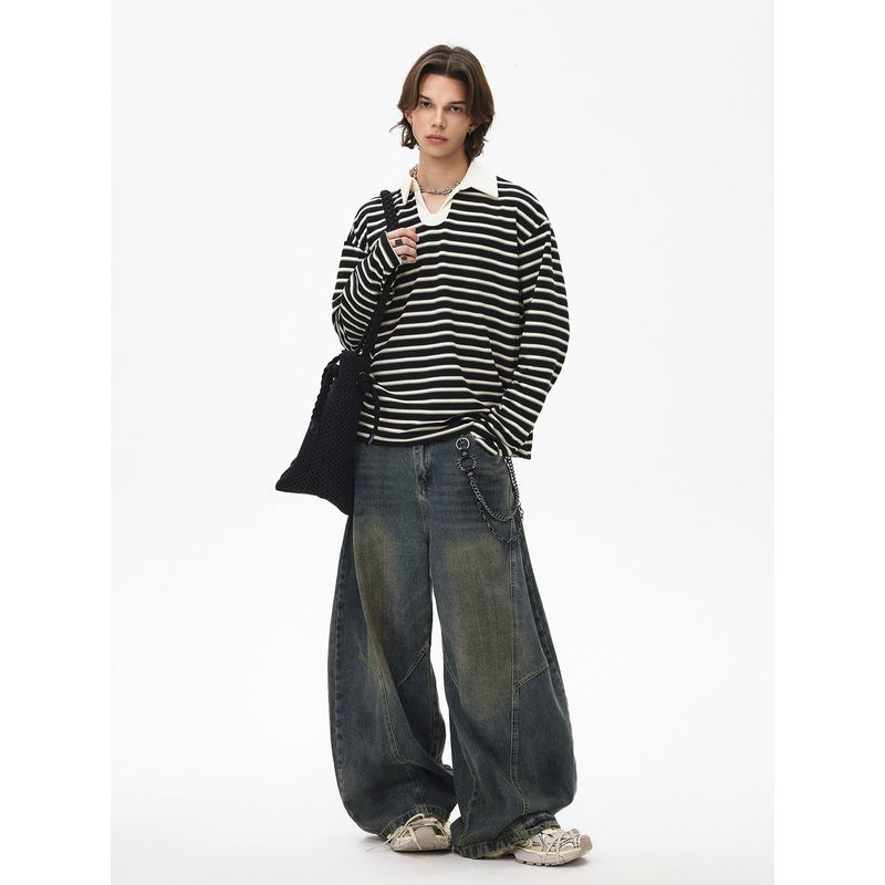 Blaexit American Retro Black Horizontal Stripesd Knitted Polo Shirt Men's Accessible Luxury High-End Spring & Fall Long-Sleeved T-Shirt