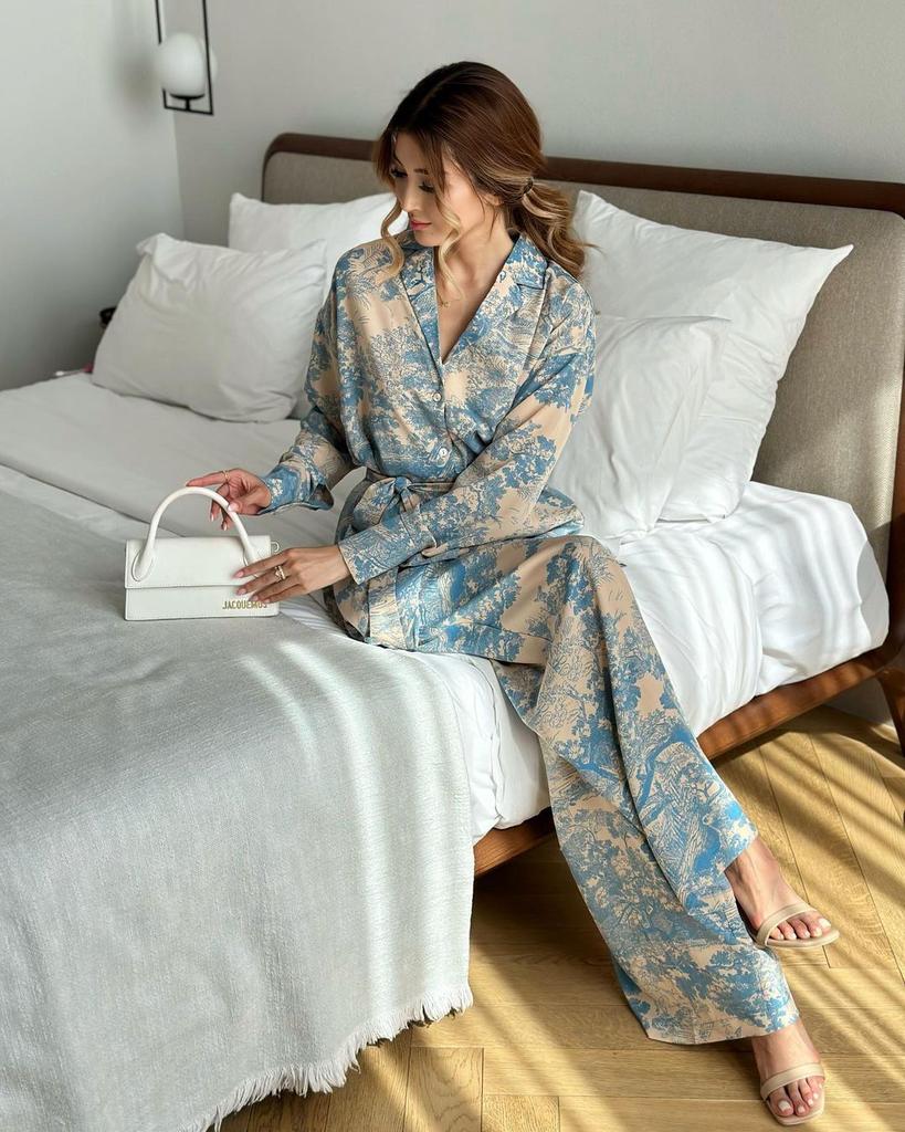 Fashion French Print Long Sleeve Tie Shirt High Waist Wide Leg Pants Women's Suit
