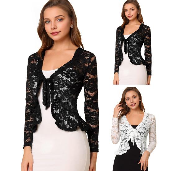 Lace Bolero for Women Tie Front Ruffle Hem Cardigan Long Sleeve Cover Up Jacket Formal Office Sheer Crop Shrug