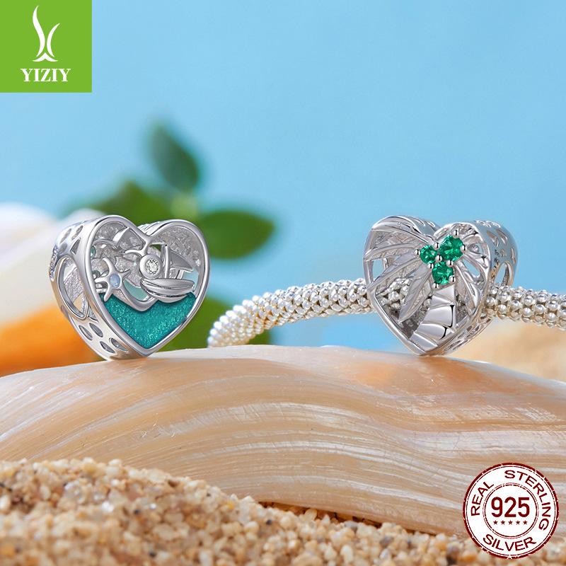 Double-Sided Summer Beach Beaded S925 Silver Diy Bracelet Beads Ocean Wind Coconut Tree Jewelry Accessories