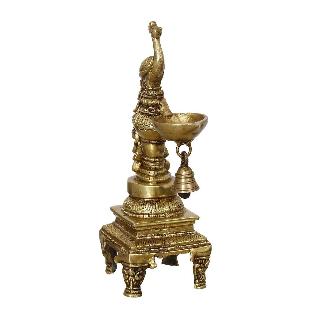 Antique Finish Decorative Handcrafted Brass Peacock Showpiece Diya With Bell And Stand, 13 Cm, 26 Cm, 9 Cm