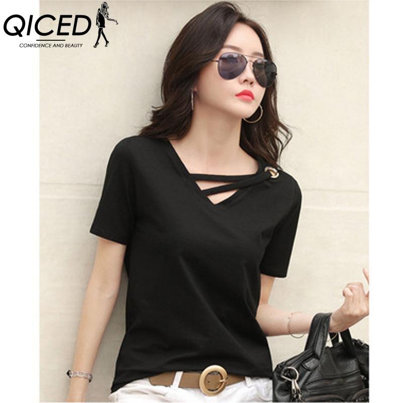 QICED Women's Fashion Casual Solid Color Print Short Sleeve V Neck Blouses & Shirts