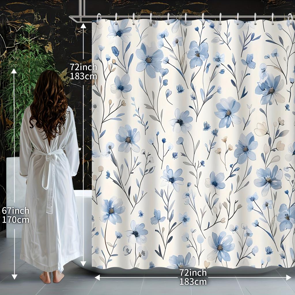 1Pc Blue Elegant Floral Botanical Small Flowers Textured Shower Curtain, Decorative Printed Shower Curtain With Hooks